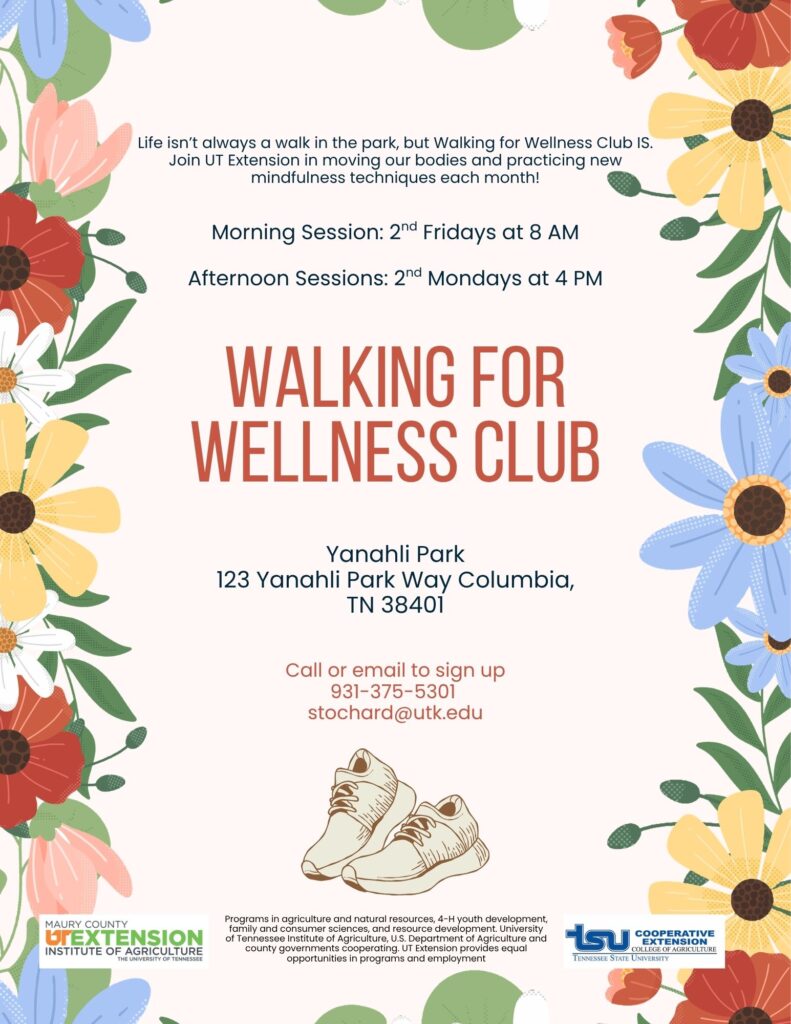 Walking for Wellness Club
Sessions are held every second Monday at 4pm and every second Friday at 8am. 
Call 931-375-5301 to sign up. 