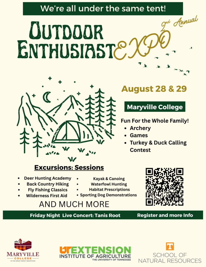 A flyer for the 2026 Outdoor Enthusiast Expo. Dates for the expo August 28-29 at Maryville College.  