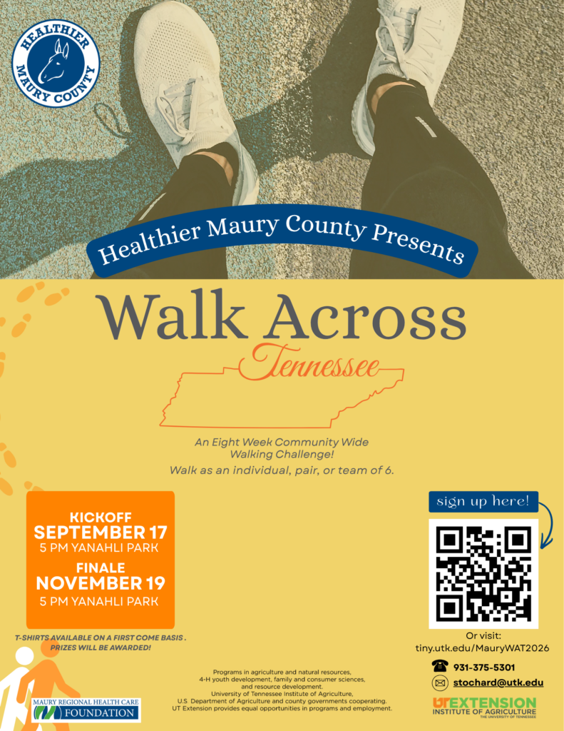 Walk Across Tennessee flyer. Kickoff is September 17. Finale is November 19. Kickoff and finale will be held at 5pm at Yanahli Park. 